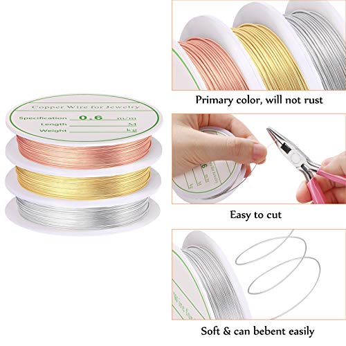 3 Pack Jewelry Wire - 22 Gauge Tarnish Resistant Copper Beading Wire for Jewelry Making, 0.6mm X 4m Each (Gold, Silver, Rose Gold)
