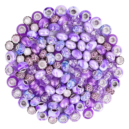 120pcs European Large Hole Beads, Assortments Charm Lampwork Murano Spacer Craft Beads for DIY Charms Bracelet Necklace Earring Jewelry Making Supplies(Purple) - color: Purple