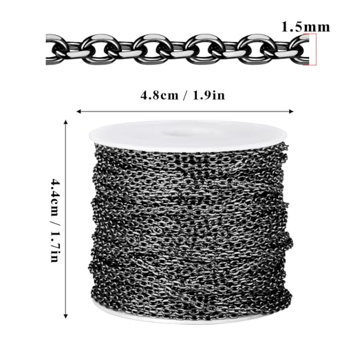 66 Feet Black Rolo Cable Chain Bulk, 1.5mm 304 Stainless Steel Gunmetal Black Diamond-Cut Oval Rolo Cable Link Chains Roll Spool for Jewelry Making - color: Gunmetal Black, size: 1.5mm width