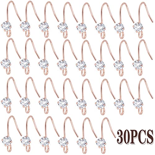 30 Pieces Diamonds Fish Earring Hooks Brass French Rhinestone Ear Wire with Open Loop Hole for DIY Dangle Earrings Jewelry Making, Rose Golden - color: Rose Gold