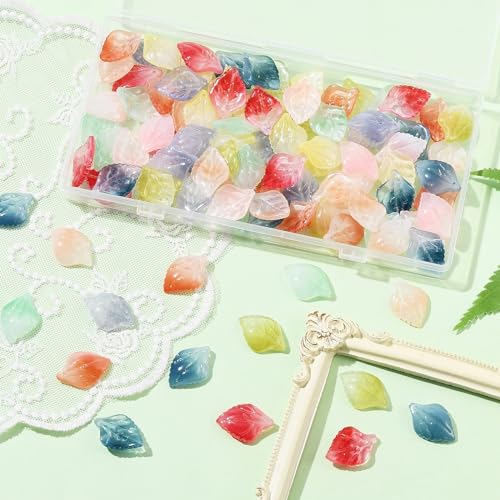 Ipotkitt 100 Pcs Baking Painted Glass Leaf Charms Mixed Color Tree Leaf Charms Crystal Plant Leaves for DIY Earring Bracelet Necklace Jewelry Making - color: 100pcs-Glass Leaf Charms-23x16x5mm