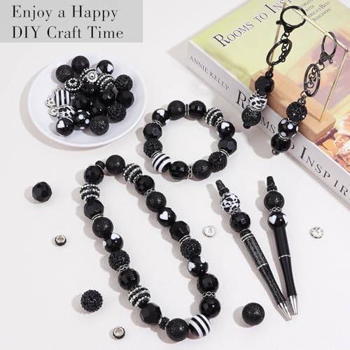 35 Pcs Chunky Bubblegum Beads 20mm Focal Pen Large Rhinestone Pearl Bead with Rhinestone Large Hole European Spacer Bead for DIY Beadable Pen Jewelry Making Keychain Craft Making(Black) - color: Black