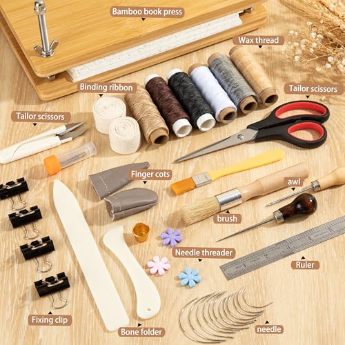 pamctry 50 Pcs Book Binding Kits for Beginners - Complete DIY Kit with Tools & Instructions, 11.6 x 7.8 Inches - style: Book Binding Kits + Bamboo Book Press