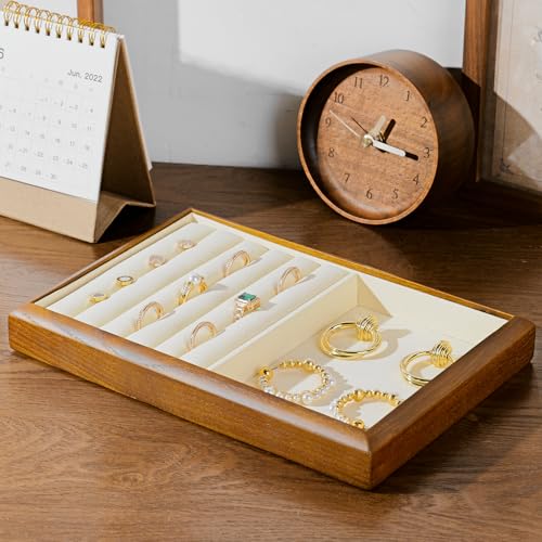 2 In 1 Solid Wood Jewelry Tray Microfiber Ring Earring Bracelet Bangle Watch Necklace Stackable Drawer Organizer for Storage Display (Cream White) - style: 2 Grid