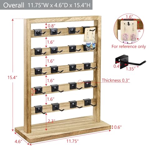 Ikee Design Wooden Jewelry Display Rack with 20 Removable Metal Hooks, Earring Card Display Holder Stand for Earring Cards, Necklaces, Bracelet, Keychain Stand, Oak Color - color: 4) Oak