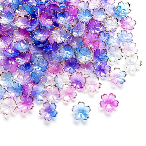 200pcs Acrylic Cherry Blossom Beads, 5-Petal Blue-Purple Gradient Floral Craft Beads for Bracelets Earring Jewelry Making, Wedding Decor, Hair Charms - color: Blue