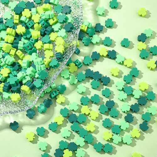 SUNNYCLUE 1 Box 300pcs St. Patrick's Day Clover Beads Lucky Clover Beads Good Luck Shamrock Irish Green Three Leaf Shape Clay Loose Spacers for Jewelry Making Supplies Birthday Wedding Crafts DIY - style: Style 2