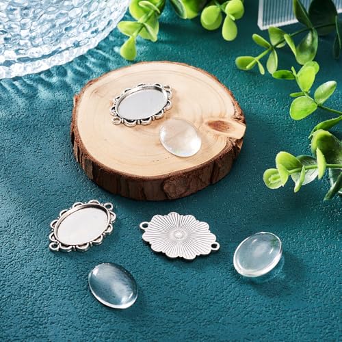 FASHEWELRY 5 Sets Alloy Oval Flower Edge Bezel Pendant Trays with Clear Dome Glass Cabochon Blank Base Connector for DIY Jewelry Making - color: 25x18mm-5 Sets