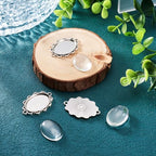 FASHEWELRY 5 Sets Alloy Oval Flower Edge Bezel Pendant Trays with Clear Dome Glass Cabochon Blank Base Connector for DIY Jewelry Making - color: 25x18mm-5 Sets