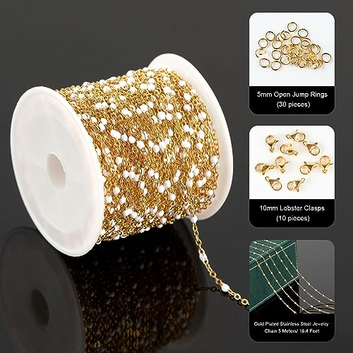 UMAOKANG 33 Feet Chains Bulk on Spool Gold Plated Stainless Steel White Bead Chain for Jewelry Making - color: Gold-White Enamel