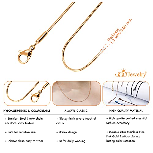 555Jewelry 1.2mm Stainless Steel Snake Chain Necklace for Men & Women, 16-28 Inch - color: Rose Gold