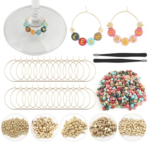 60 Set DIY Wine Glass Charms, 1040 Letter Beads 300 Gold Bead Charms 60 Rings for Stem Glasses, Personalized Wine Glass Markers Tags for Wedding Party Decorations (Colorful Plus) - style: Colorful Plus