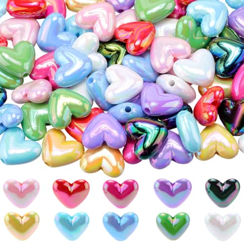 80Pcs 10 Colors Heart Pen Beads Bulk Acrylic Focal Beads Bubblegum Chunky Smooth UV Colorful Plastic Hearts Shaped Shiny Spacer Bead for Jewelry Making Beadable Pens Charms Bracelets Decor