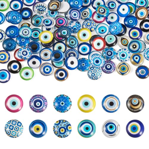 100Pcs/Set Flat Round Transparent Glass Cabochons with Pattern Eye Flatback Glass Dome Flatback Cab Beads for Photo Cameo Jewelry Making Necklace Ring DIY Crafts 12x4mm Mixed Eye - color: 100Pcs-12x4mm-Mixed Eye