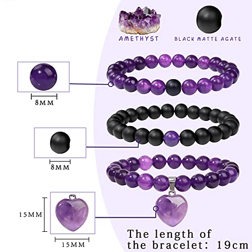Vinswet Healing Crystal Beaded Bracelets for Women,Natural Amethyst Gemstones Bracelet,Anxiety Stress Relief Heart Charm Bracelet Handmade purple Jewelry Gifts for Women - color: Amethyst&Black Agate