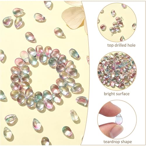 UR Urlifehall 100 Pcs Glass Teardrop Charms Transparent Spray Painted Glass Beads with Glitter Powder Beads for DIY Jewelry Crafts Making - color: 100pcs-9x6x6mm-glass teardrop beads