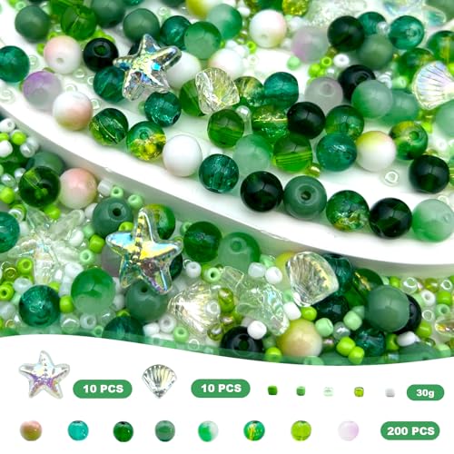 8mm Glass Beads, 580Pcs Crystal Bead, Starfish, Shell Shaped and Seed Beads, Green Assorted Round Crystal Loose Bead for St. Patrick's Day, Jewelry Making, DIY Craft - size: 8mm
