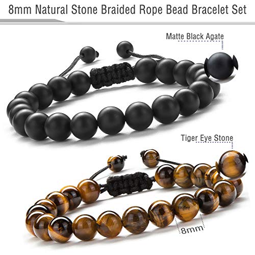 Hamoery Men Women 8mm Tiger Eye Stone Beads Bracelet Elastic Natural Stone Yoga Bracelet Bangle - color: Black and Brown