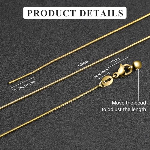 GTVOODX 10Pcs 18k Gold Plated Snake Chain Necklace Stainless Steel 1mm Threader Adjustable Necklace Bulk with Rubber Stoppers for Jewelry Making 20 Inches - color: Gold Snake