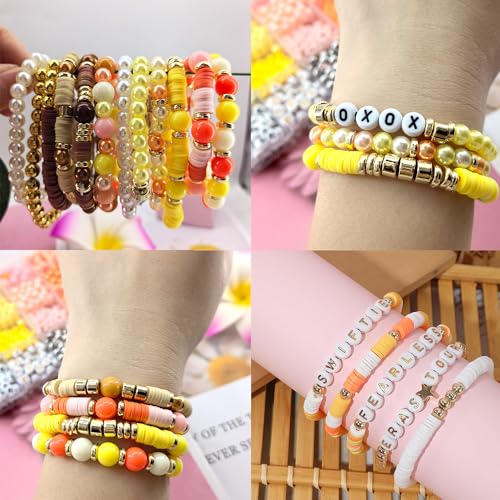 2220Pcs Fall Bracelets Beads Kit, Thanksgiving Fall Beads for Jewelry Making Autumn Yellow Orange Clay Beads Pearl Beads Round Loose Spacer Beads Heishi Beads Bulk for Necklace Earrings DIY Craft - color: Yellow