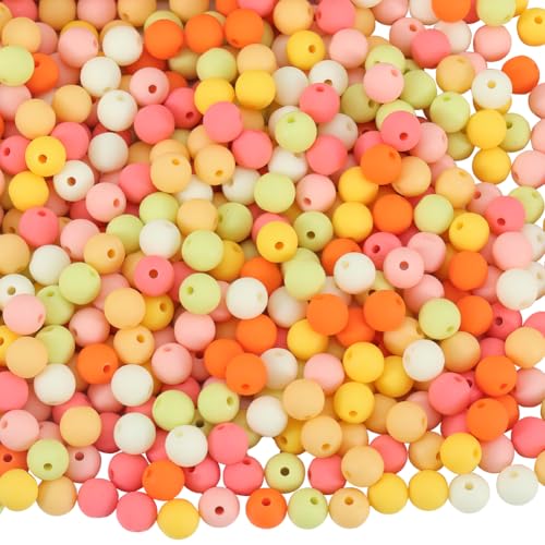 1 Box 500Pcs Round Matte Beads Opaque Acrylic Beads 8mm Ball Frosted Orange Imitated Silicone Bubblegum Smooth Rubberized Spacer Loose Bead for Jewelry Making Bracelet Necklace DIY Crafts - color: Orange