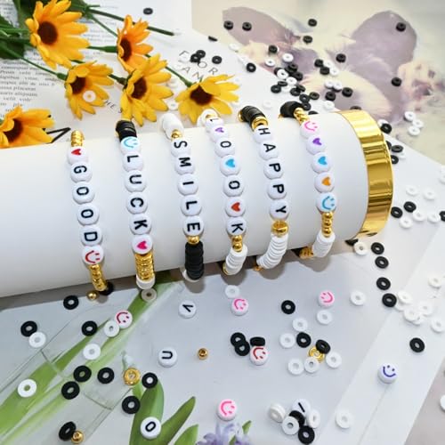 Looconi 3800pcs Beading Kits Letter Beads A-Z Clay Beads Gold Spacer Beads Smiley Beads and Heart Beads for Jewelry Making - color: LetterClayWhiteBlakc