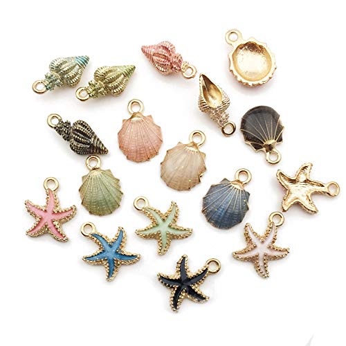30pcs Assorted Gold Plated Enamel Ocean Starfish Conch Shell Charm Pendant for DIY Jewelry Making Necklace Bracelet Earring DIY Jewelry Accessories Charms (M156)