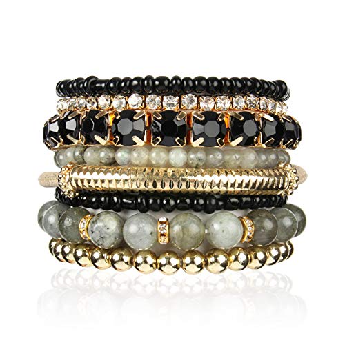 RIAH FASHION Multi Color Stretch Beaded Stackable Bracelets - Layering Bead Strand Statement Wrap Bangles - color: Natural Stone - Labradorite, size: 7.0 Inches Length