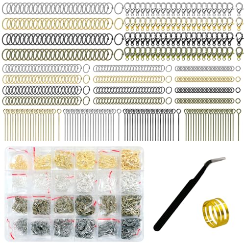 1682 Pcs 4 Colors 4/6/8/10mm Jump Rings with Opening Tool, Lobster Claw Clasps, Eye Pins, Jewelry Making Findings for Earring, Necklaces,Bracelets DIY (Gold/Bronze/Silver/Gun-Metal)