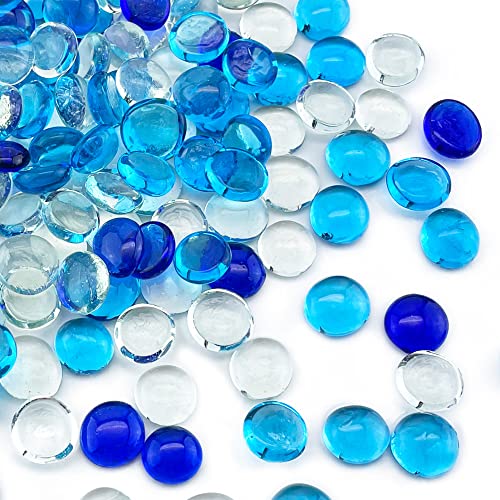 CYS EXCEL Blue Mix Glass Gemstone Beads Vase Fillers (2 LBS) Flat Marble Beads Multiple Color Choices Aquarium Decor Rocks Floral Stones Decorative Mosaic Gem Pebbles - color: Clear&blue Mix, size: 2 LBS