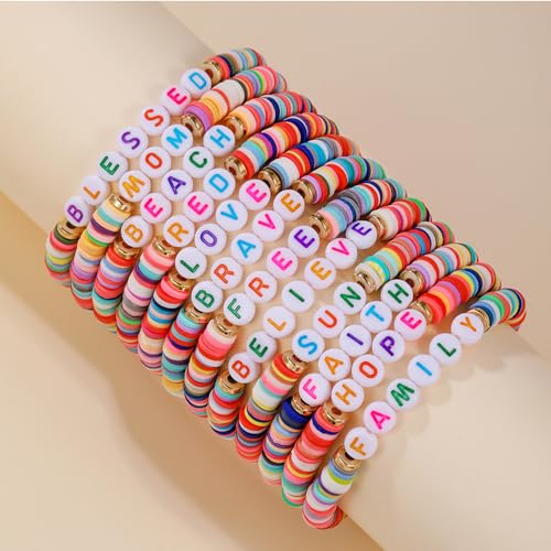 12pcs Friendship Bracelets Beaded Bracelets Heishi Bracelet Cute Bracelets Stack Vinyl Clay Disc Bead Surfer Stretch Summer Beach Bracelets For Women Preppy Bracelets - color: Z-1 color