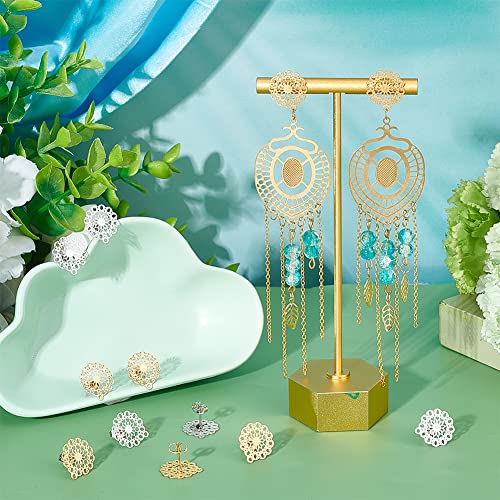 UNICRAFTALE About 24pcs Bohemian Stud Earring with Loop Stainless Steel Filigree Hollow Ear Stud Component with Stoppers Ear Nuts 0.7mm Pin Earring Posts for Jewelry Making - color: 2 Colors/Flower