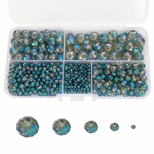 1000pcs Faceted Rondelle Beads, 2/4/6/8/10mm Crystal Glass Beads for Jewelry Making, Assorted 5 Sizes Briolette Crystal Glass Spacer Loose Beads with Storage Box(Green Color) - color: Clear Green