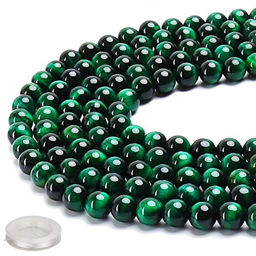 70PCS Natural 8MM Healing Gemstone, Green Tiger’s Eye Energy Stone Round Loose Beads, Semi-Precious Crystal Beads with Free Elastic String for Jewelry Making DIY - color: Green Tiger’s Eye