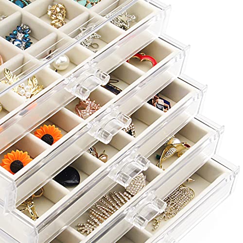 Watpot Acrylic Jewelry Box with 5 Drawers, Clear Earring Storage Organizer Display Case for Women Girls, Beige - color: Beige 5 Layers