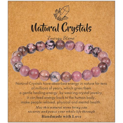 MAIBAOTA Healing Crystal Bracelet for Women Men, 8/4 mm Natural Stone Beaded Bracelets, Jewelry Birthday Gifts, Round Gemstones Stretch Bracelets - color: Red-Rhodonite, size: 8 mm