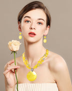 Layered Beads Statement Fashion Necklace Chunky Jewelry Set Big Colorful Glass Stone Circle Shell Pendant Choker Necklace and Earring Set for Women - color: Olive Green