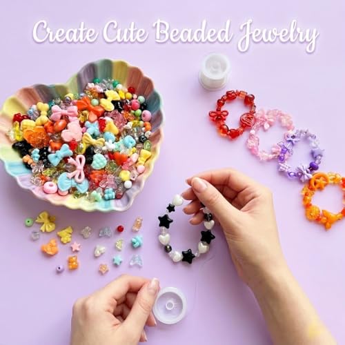 600-650PCS Acrylic Beads for Bracelets Making, 8 Mixed Colors Cute Flower Bow Butterfly Bear Beads Bracelets Charms Necklaces Keychains DIY Crafts