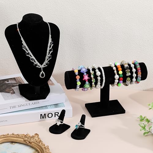 4 Pcs Velvet Jewelry Display Set Velvet Necklace Bust Holder Bracelet Organizer Ring Finger Jewelry Holder Organizer for Vendors Selling Trade Show Retail Home Decor (Black)