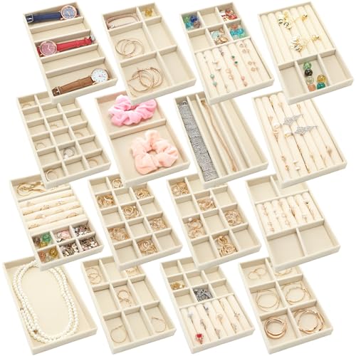 Landical 16 Pcs Stackable Jewelry Organizer for Drawer Velvet Jewelry Tray with Dividers Earring Holder & Ring Display Box Fits 8.4 x 5 x 1 Drawer Necklace Storage for Women, Girls (beige, 16 Styles) - color: Beige