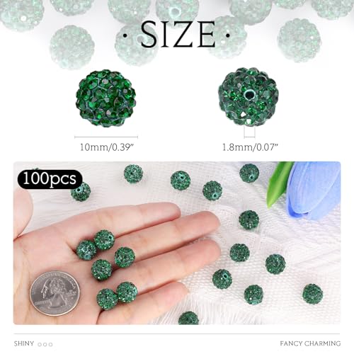 100 Pcs Emerald Rhinestone Beads for Jewelry Making, Sparkle Crystal Clay Christmas for Bracelet Baseball Necklace Earring Crafting and DIY, Shiny Round Shamballa Disco Ball Beads Bulk - color: Emerald, size: 100 pcs