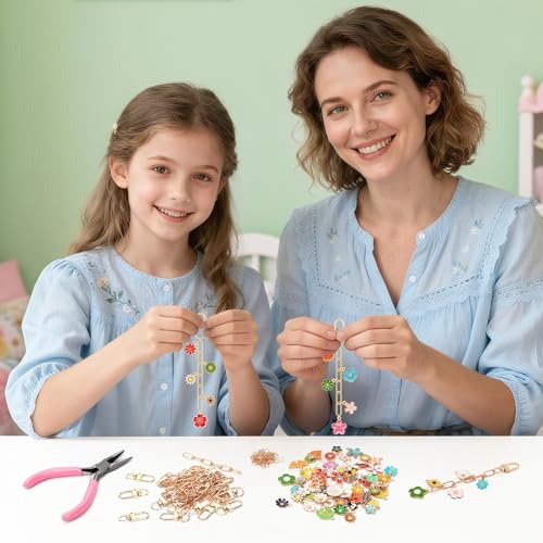 AUGSUN 189Pcs Keychain Making Kit, Charm Jewelry Chain Making Crafts Including 60 Charms 12 Keychain Clips Hooks 15 Extender Chains 100 Jump Ring and Jewelry Plier for Crafts (Flower) - style: Flower