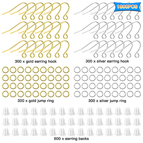 1800Pcs Earring Hooks for Jewelry Making Kit,Hypoallergenic Ear Wires Fish Hooks with Jump Rings and Earring Backs,Earring Findings French Earring Hooks for DIY Earrings Making Supplies(Silver,Gold) - color: 1800Pcs Gold,Silver