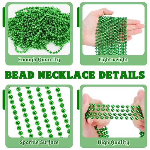 Huskein 100 PCS St Patricks Day Beads Necklace, Mrdi Gras Beads Bulk, 33 Inches Round Beads Necklace Accessories Set, Luck Irish Beads Parade Accessories for Mardi Gras St Patricks Day - color: Green