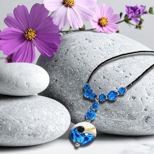 20" Handmade Lampwork Glass Statement Necklace for Women, Royal Blue Austrian Crystal, Black Bugle Beads, Stainless Steel Clasp