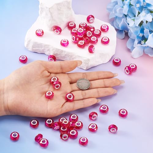100pcs 14mm Large Hole Beads Glass Crystal Faceted Beads Magenta European Crystal Spacer Beads for Valentine's Day Necklace Earring Bracelet Crafts Jewelry Making - color: Magenta