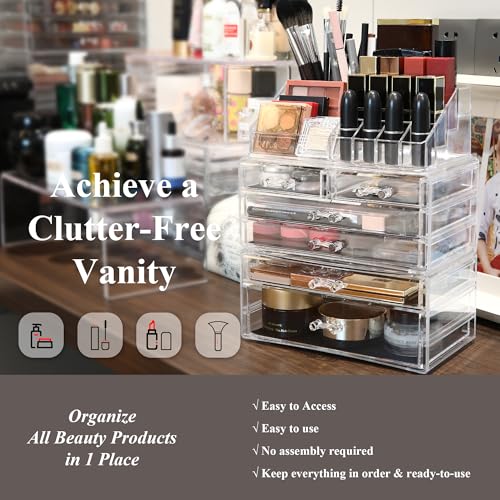 Sea Team 3-Layer Stackable Clear Makeup Organizer with Drawers, Acrylic Plastic Cosmetic Display Case, Jewelry Storage Box for Dresser, Bathroom, Vanity, Countertop (6 Drawers, 1 Lipstick Holder) - size: 6 Drawers, 1 Lipstick Holder