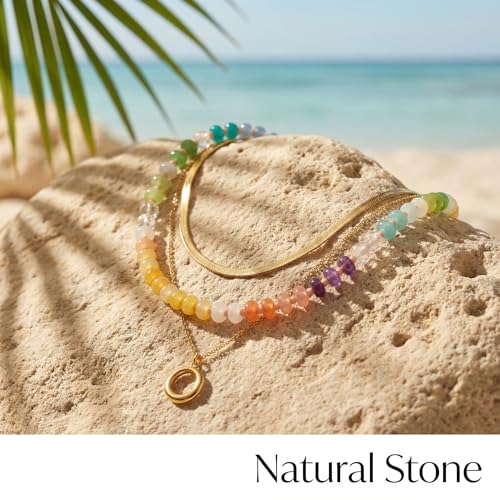 Gmai Layered Beaded Necklace for Women Colorful Trendy Snake Chain Circle Pendant Choker Gold Chain Adjustable Length Bohemian Rainbow Stackable Necklaces Jewelry Gift - style: Green yellow white string beads