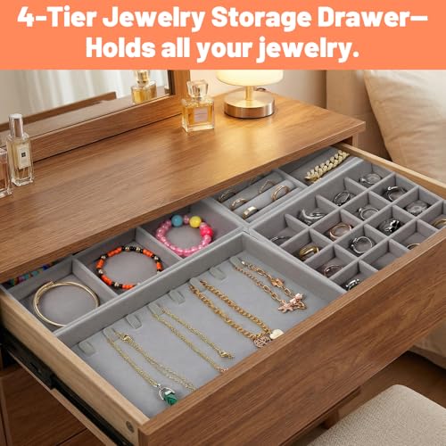 Set of 4 Stackable Velvet Jewelry Trays for Drawers,Grey Jewelry Drawer Inserts with Removable Dividers, Velvet Jewelry Container Display Case Storage for Earring Necklace Rings Bracelet
