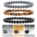 NCB 2.3-Piece 4mm Natural Crystal Gemstone Stretch Bracelets – Handmade Reiki Energy Healing Jewelry for Meditation,Yoga, Unisex - color: 3PCS ( Black Onyx+Hematite+Yellow Tiger's Eye ), size: 6mm